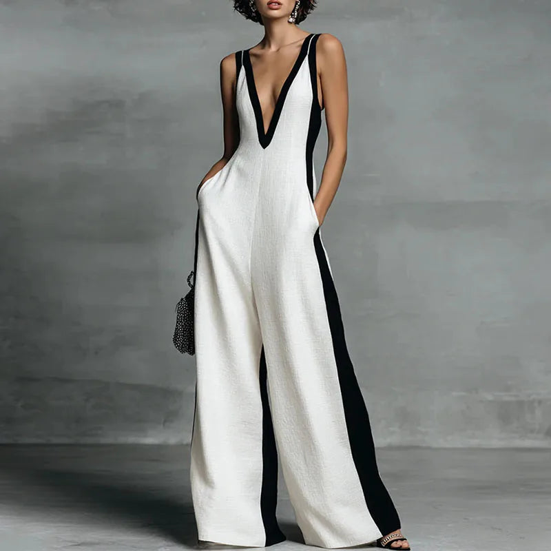 Georgette - Women's Striped Wide Leg Jumpsuit with Deep V Neck - photo 1