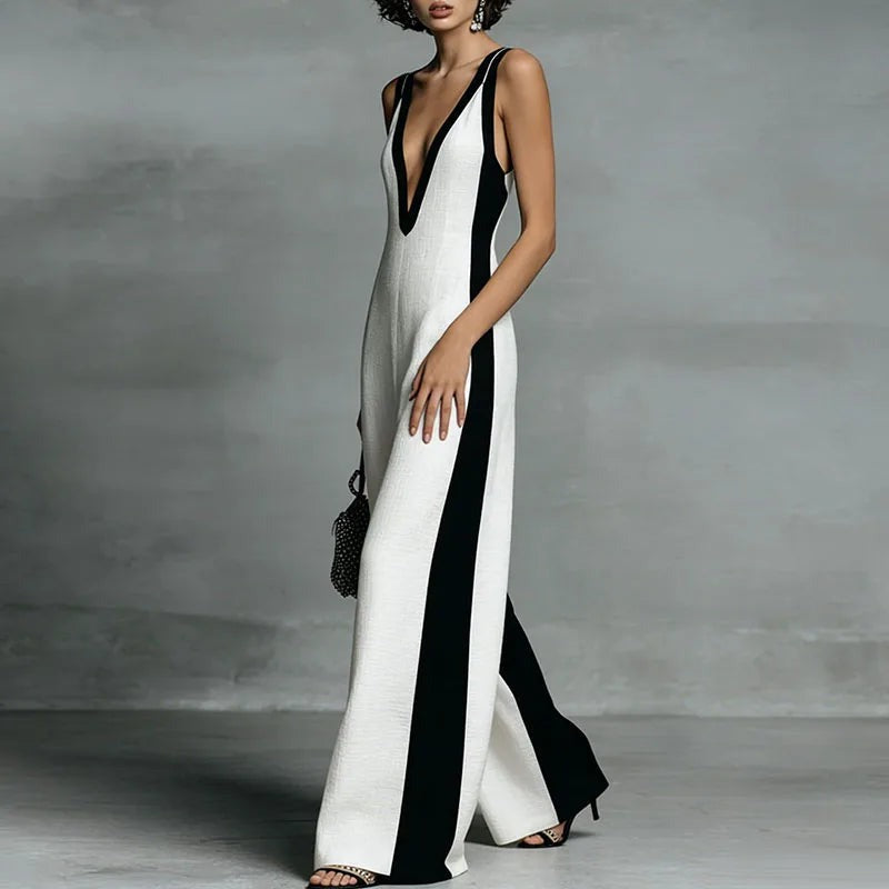 Georgette - Women's Striped Wide Leg Jumpsuit with Deep V Neck - photo 3