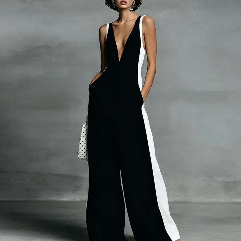 Georgette - Women's Striped Wide Leg Jumpsuit with Deep V Neck - photo 5