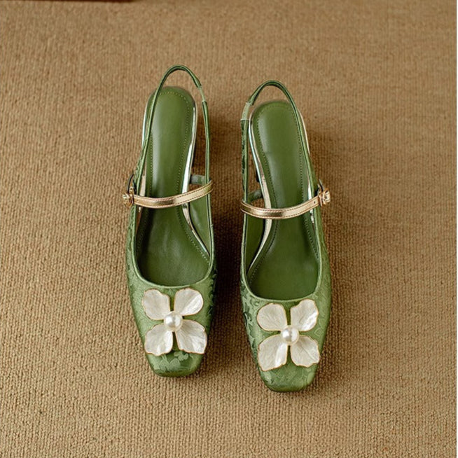 Pantofi florali de damă tip Mary Jane, cu toc gros și bareta la gleznă