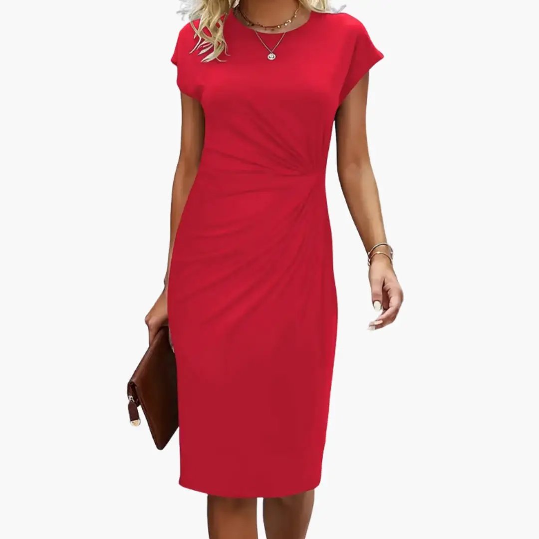 Godiva - Women's Fitted Midi Dress with Ruching and Short Sleeves - photo 2