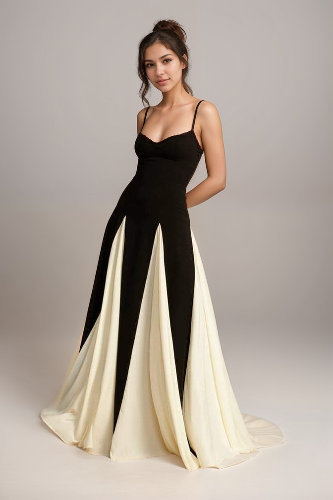 Maris - Rochie maxi pentru femei Timeless Elegance, amestec de satin alb negru
