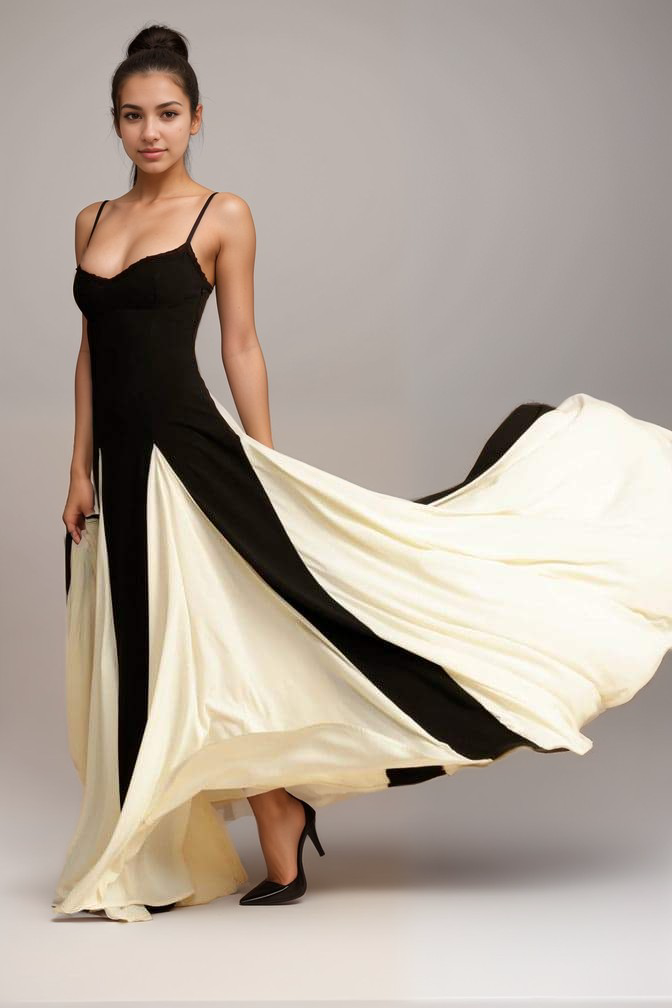 Maris - Rochie maxi pentru femei Timeless Elegance, amestec de satin alb negru
