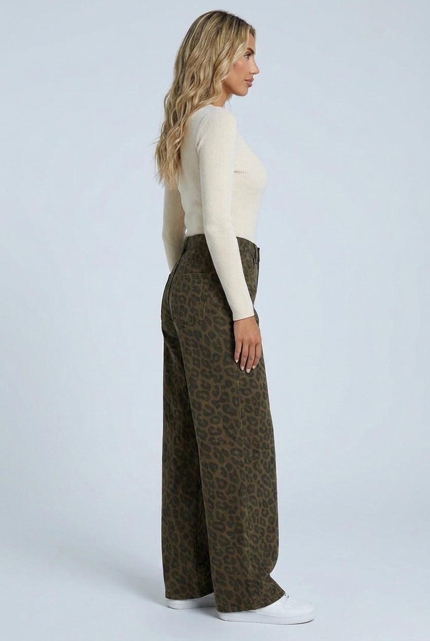Side profile of the wide denim leg