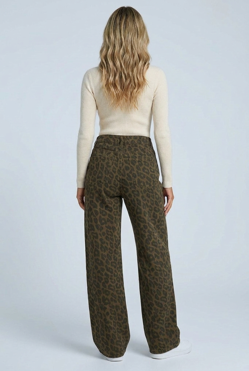 Rear view of the leopard print denim trousers and patch pockets