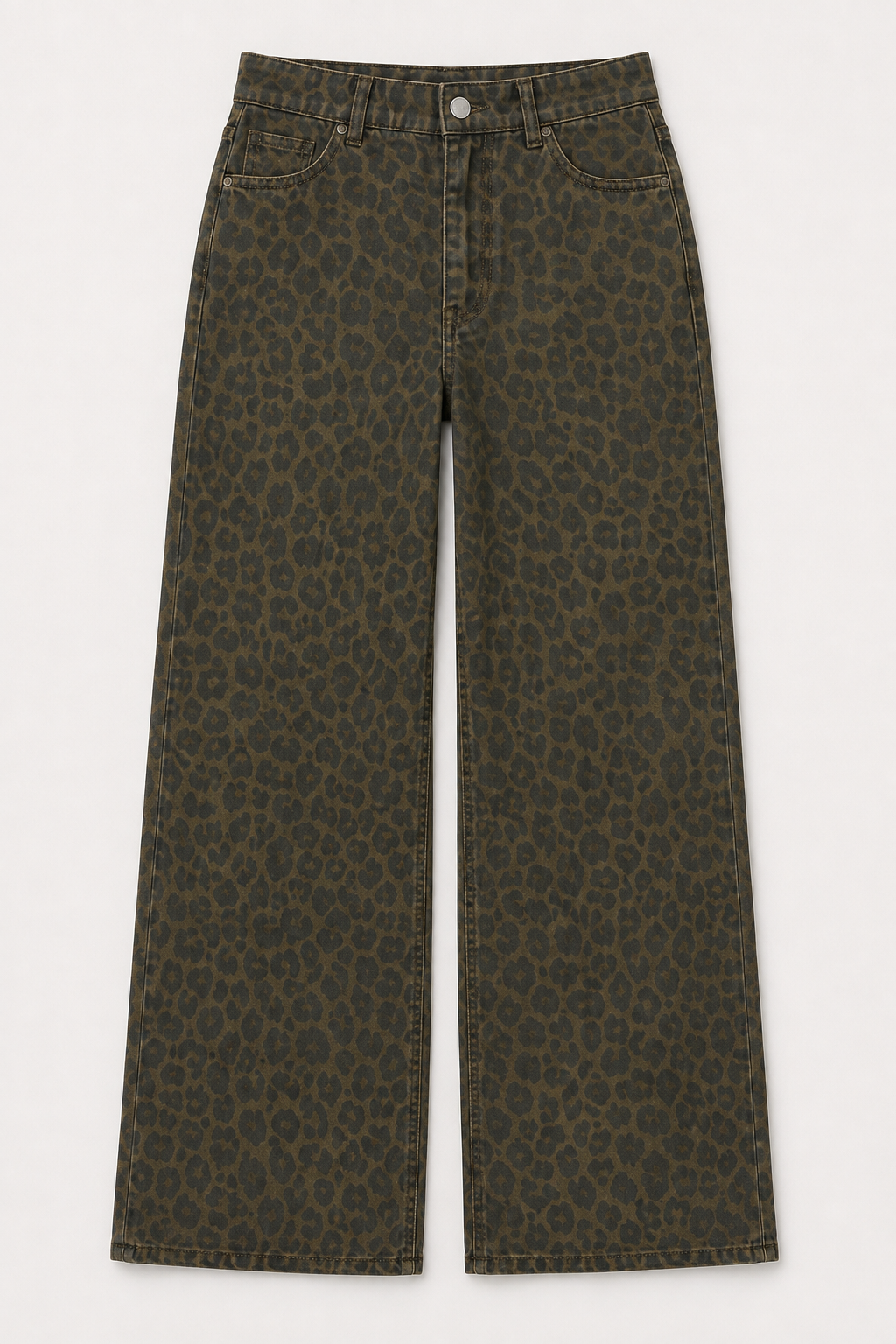 Leopard print denim wide-leg trousers laid flat
