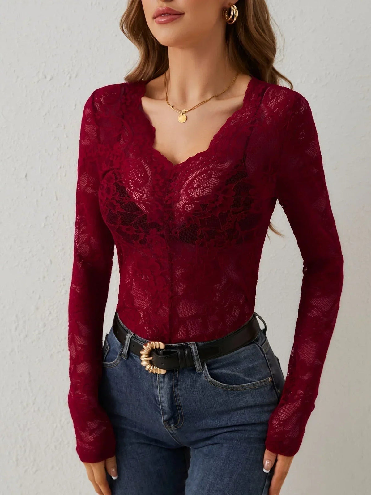 Clarissa - long-sleeved V-neck lace top for women - photo 2