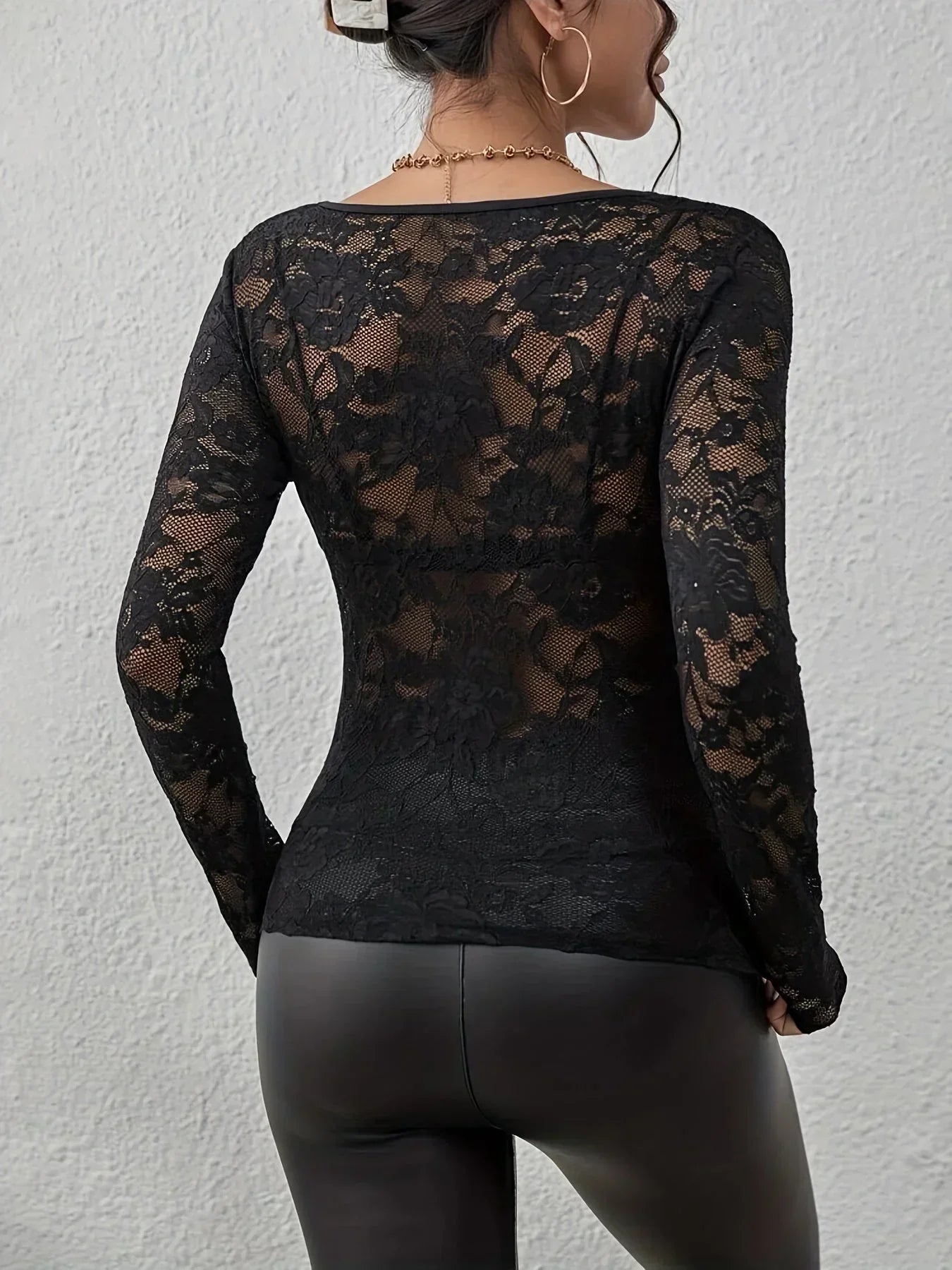 Chloe - top in pizzo a maniche lunghe con scollo a V da donna