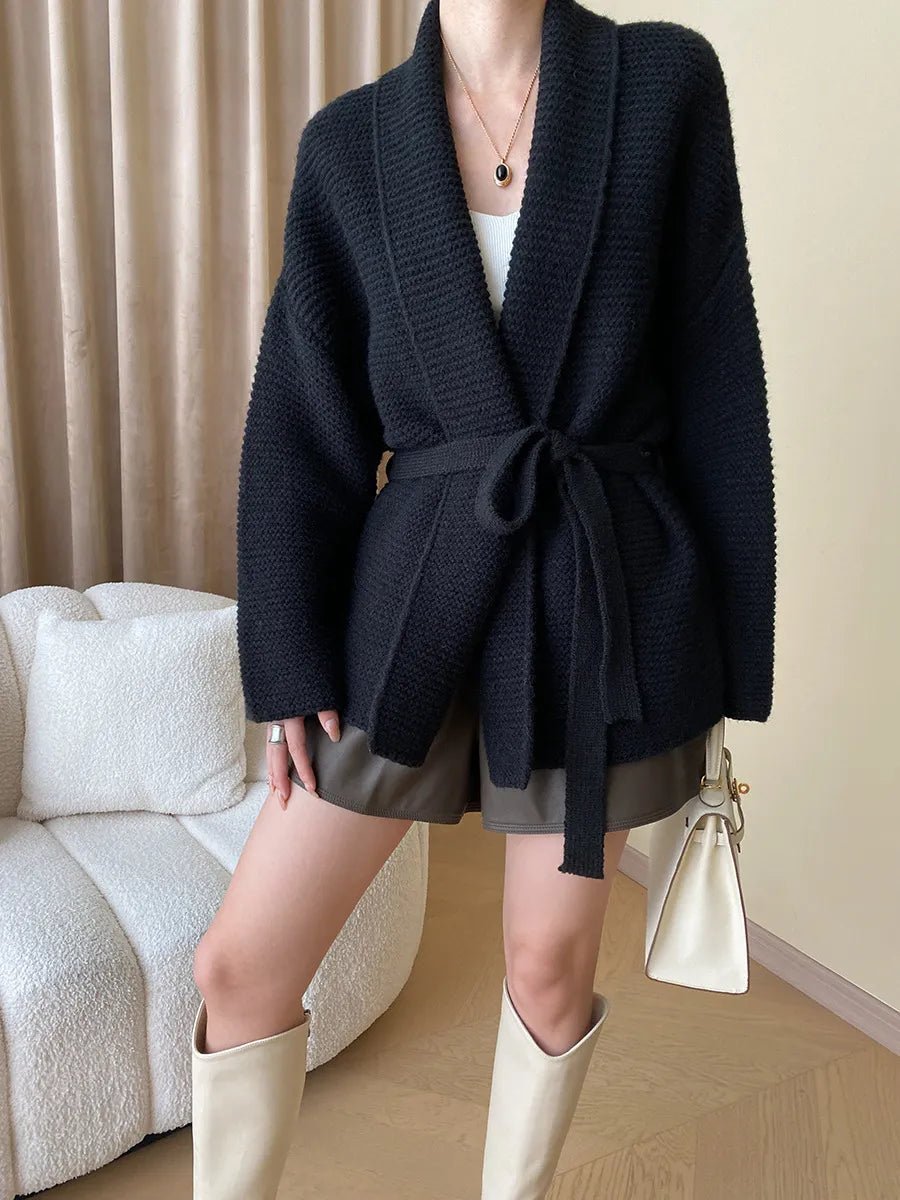 Helewise - Women's Knitted Cardigan with Tie Belt in Black