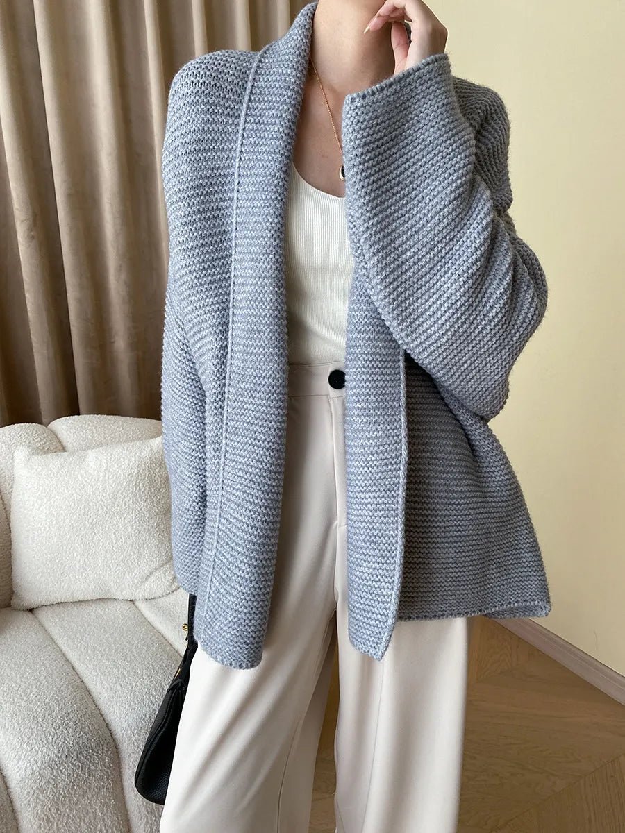 Helewise - Women's Knitted Cardigan with Tie Belt in Light Gray