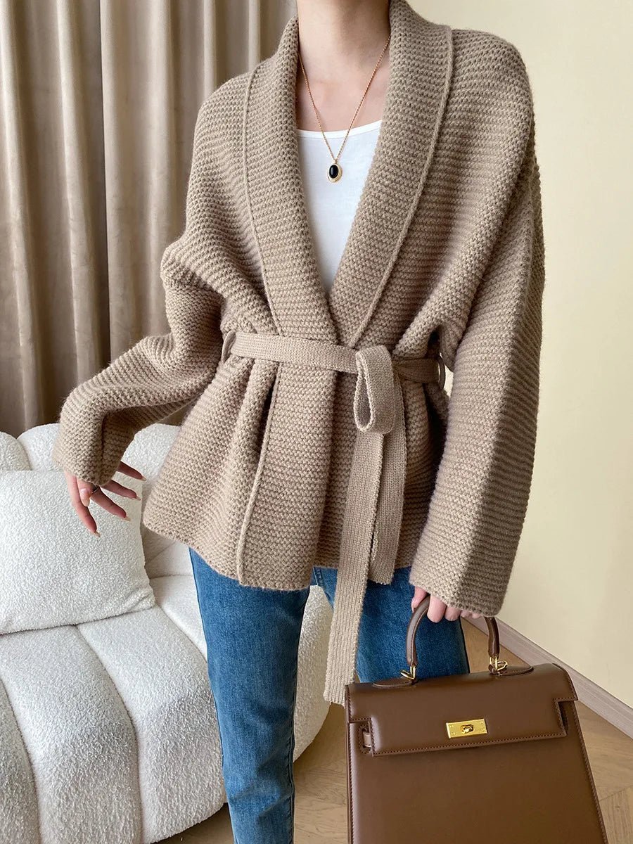 Helewise - Women's Knitted Cardigan with Tie Belt