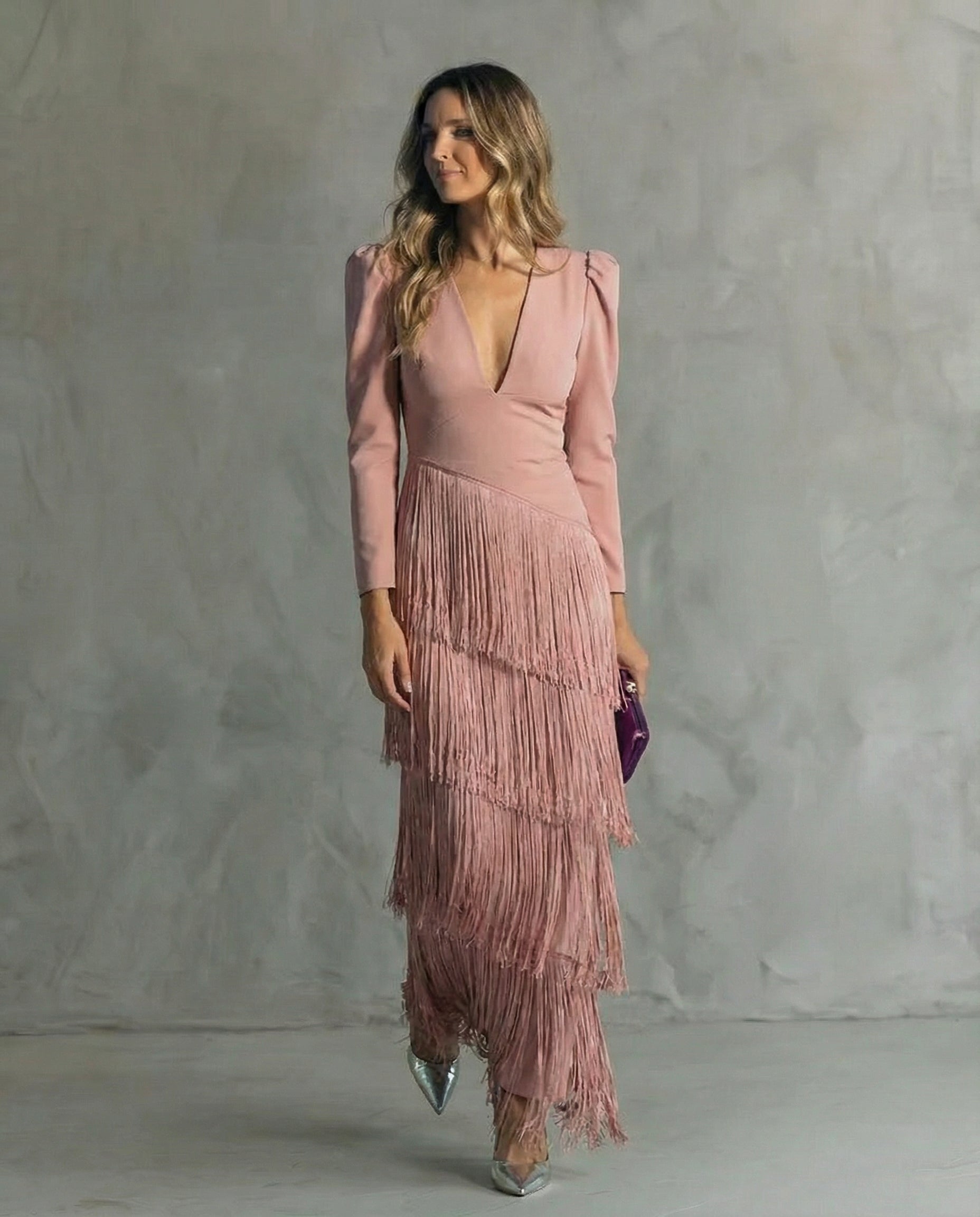 Celina - Vestito midi fluido da donna con scollo a V e maniche con frange