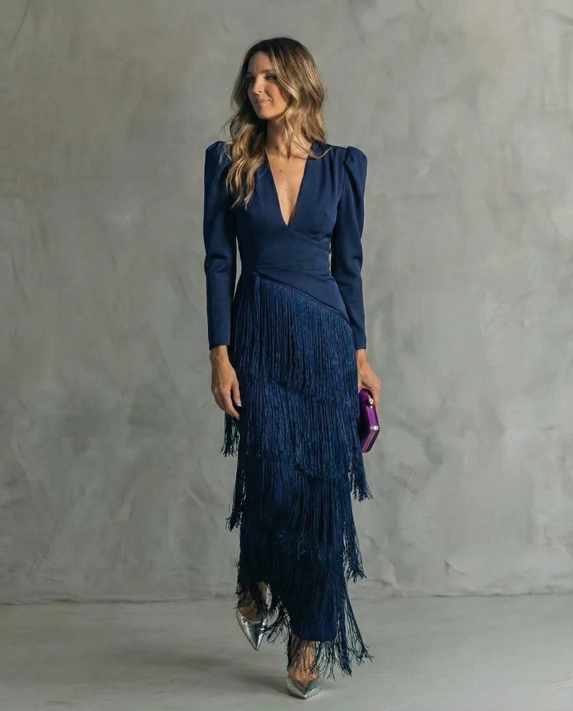 Celina - Women's Flowy V-Neck Midi Dress with Fringe Sleeves