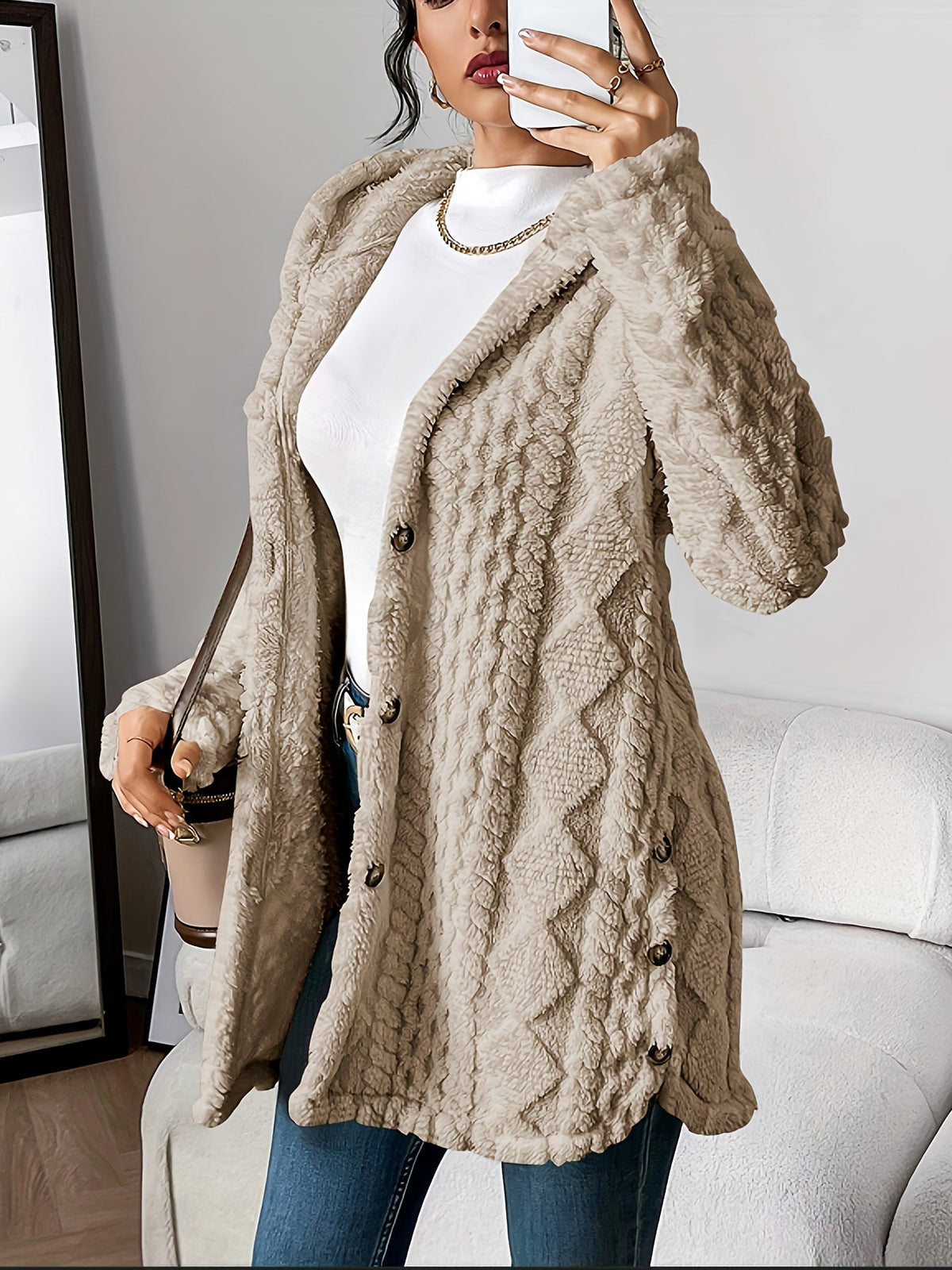 Hiltrud - Women's Cable Knit Cardigan with Hood - Khaki