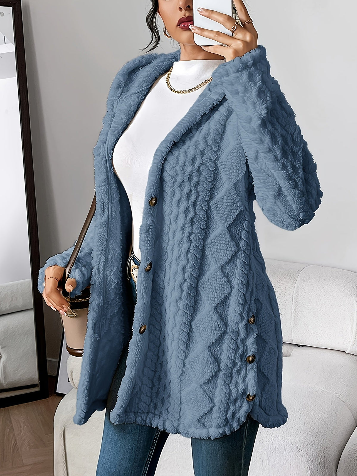 Hiltrud - Women's Cable Knit Cardigan with Hood - Blue Grey