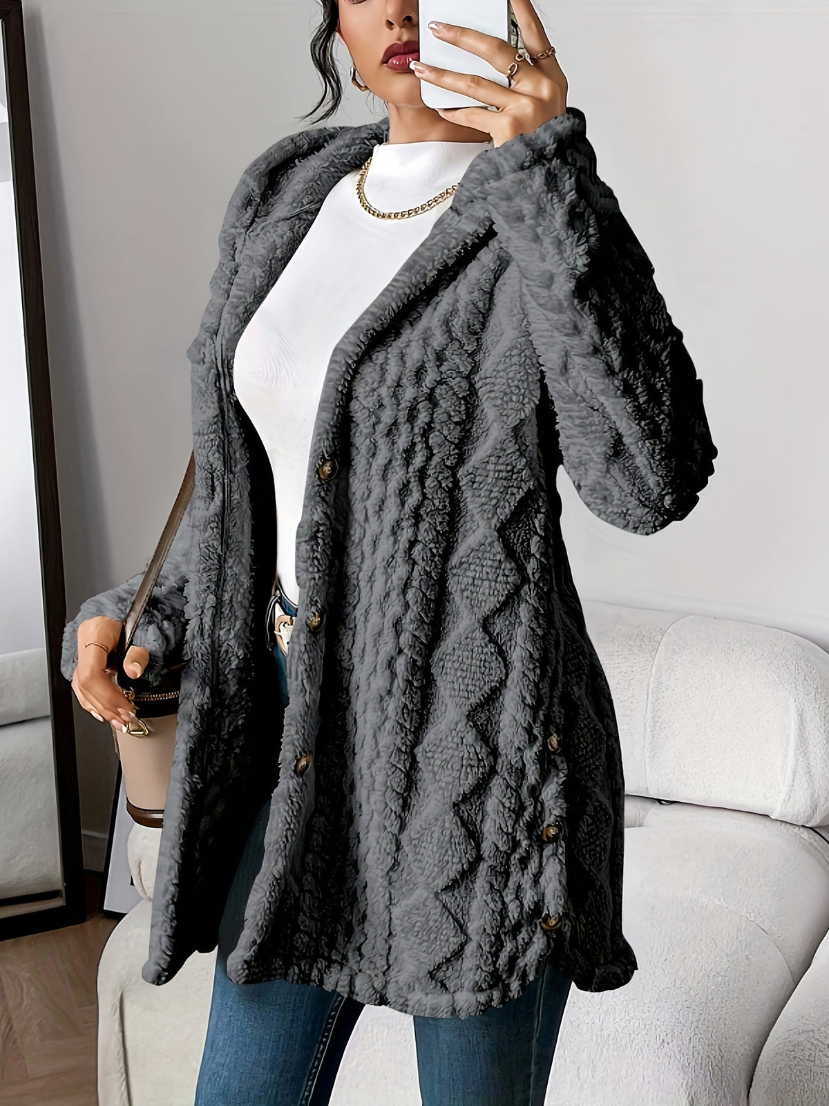 Hiltrud - Women's Cable Knit Cardigan with Hood - Grey