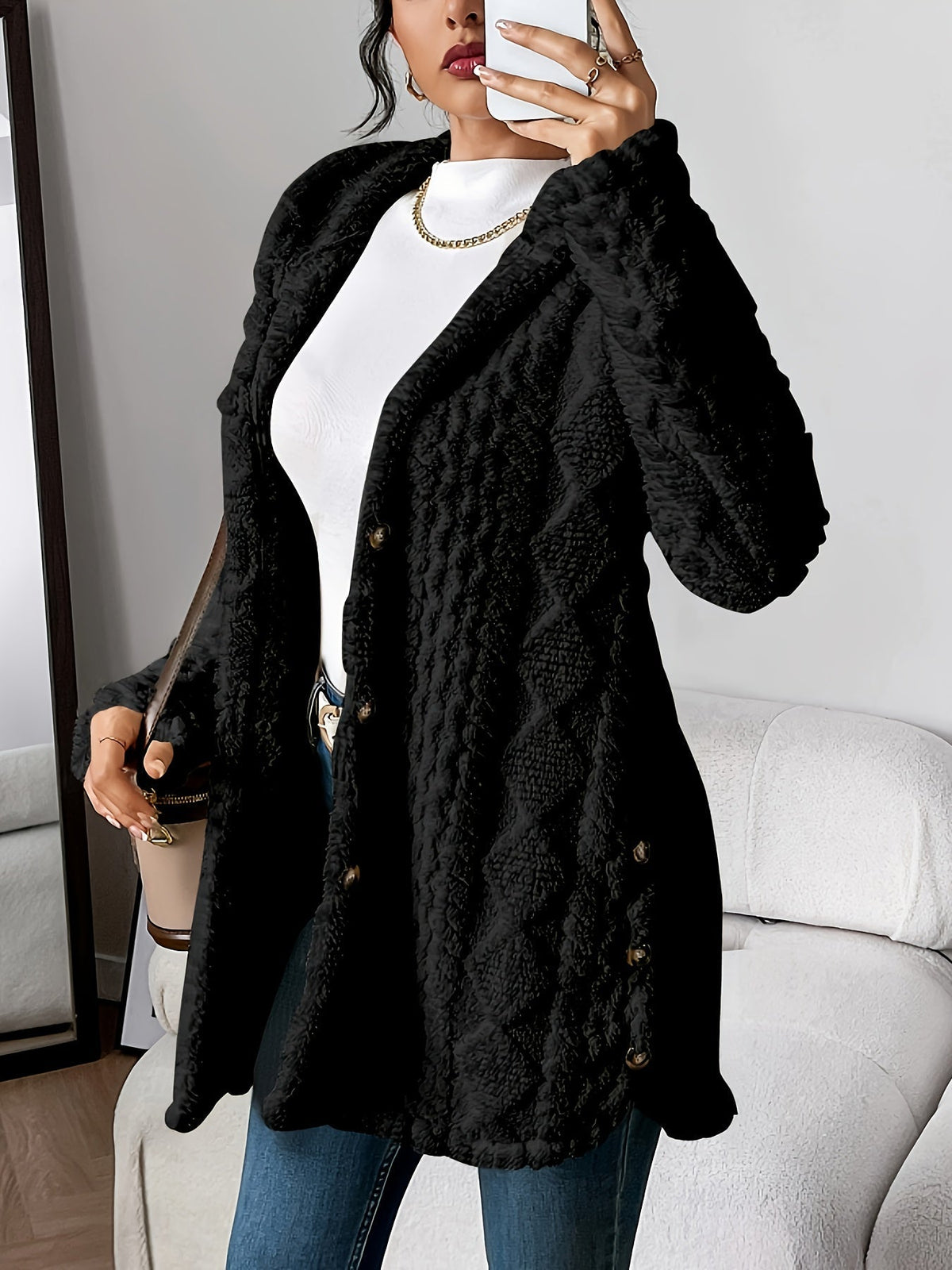 Hiltrud - Women's Cable Knit Cardigan with Hood - Black