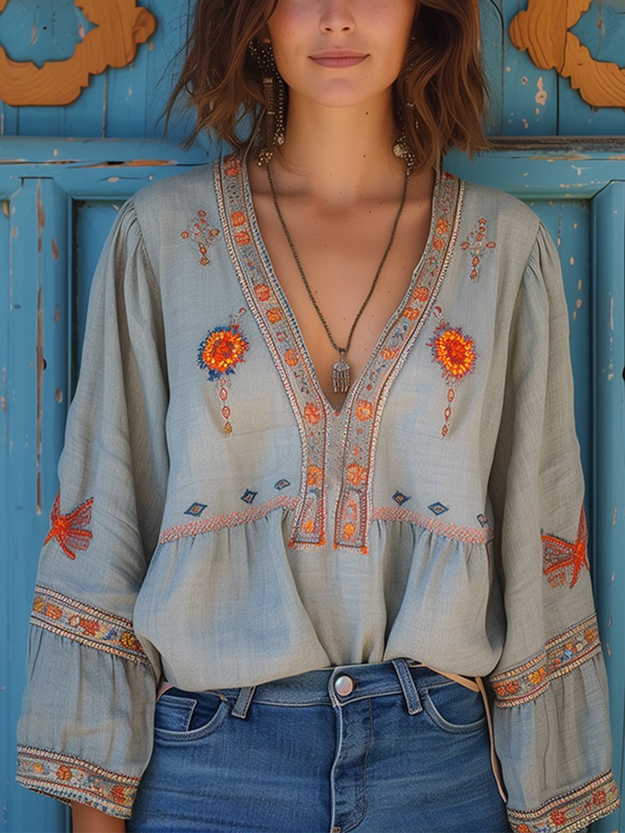 Honora - Women's Embroidered V Neck Blouse - photo 1