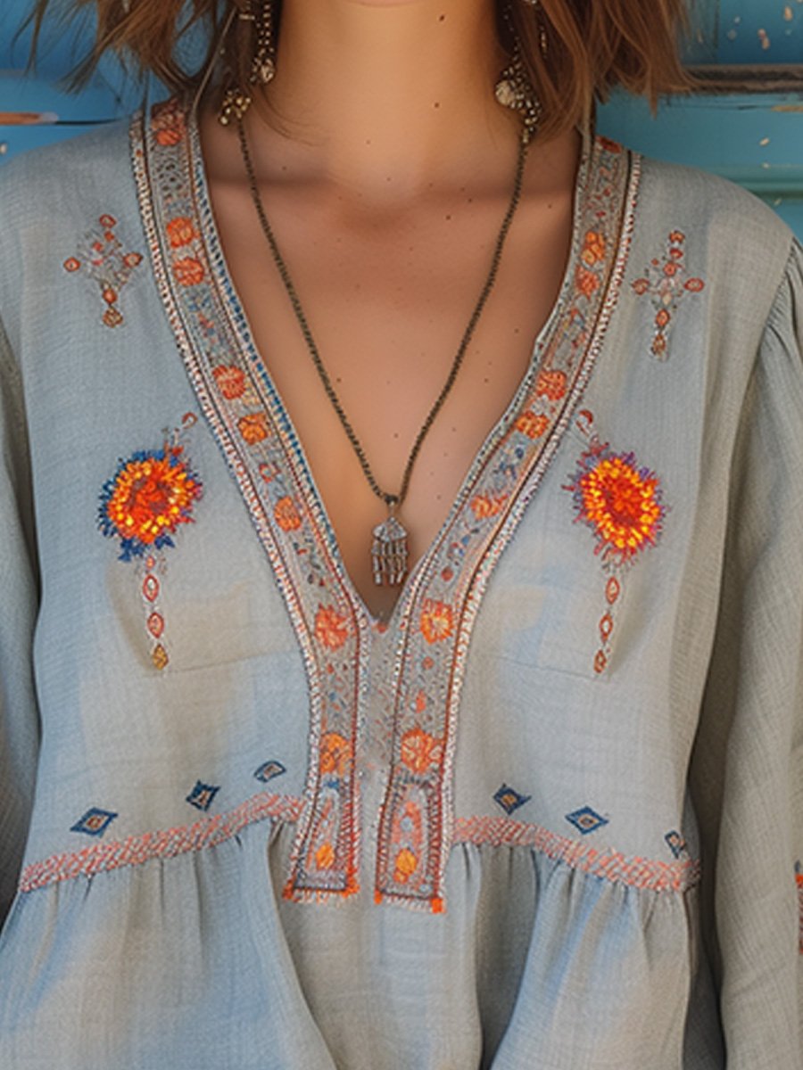 Honora - Women's Embroidered V Neck Blouse - photo 2