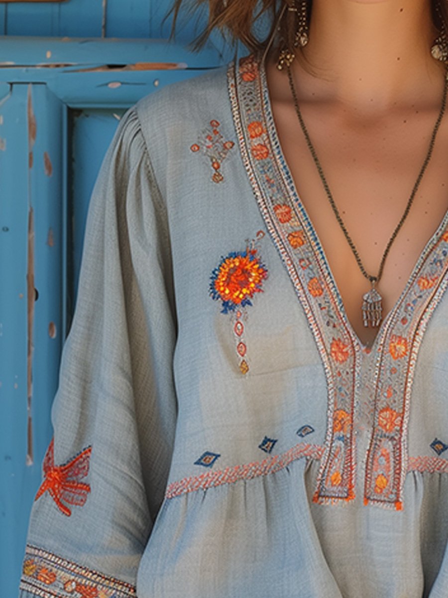 Honora - Women's Embroidered V Neck Blouse - photo 3