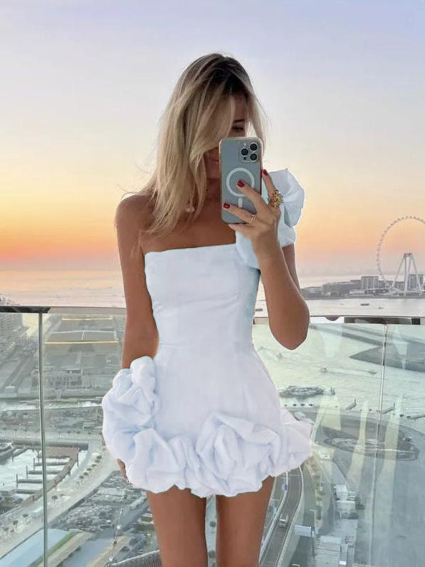 Paloma - Rochie mini pentru damă, cu un singur umăr, cu tiv cu volane și croială subțire