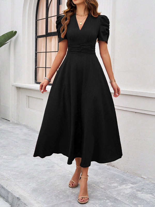 Cecily - Abito midi da donna con scollo a V, maniche a sbuffo e vita arricciata