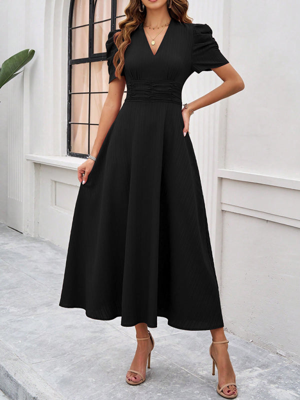 Cecily - Abito midi da donna con scollo a V, maniche a sbuffo e vita arricciata