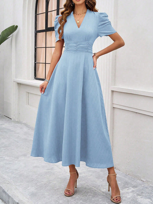 Cecily - Abito midi da donna con scollo a V, maniche a sbuffo e vita arricciata