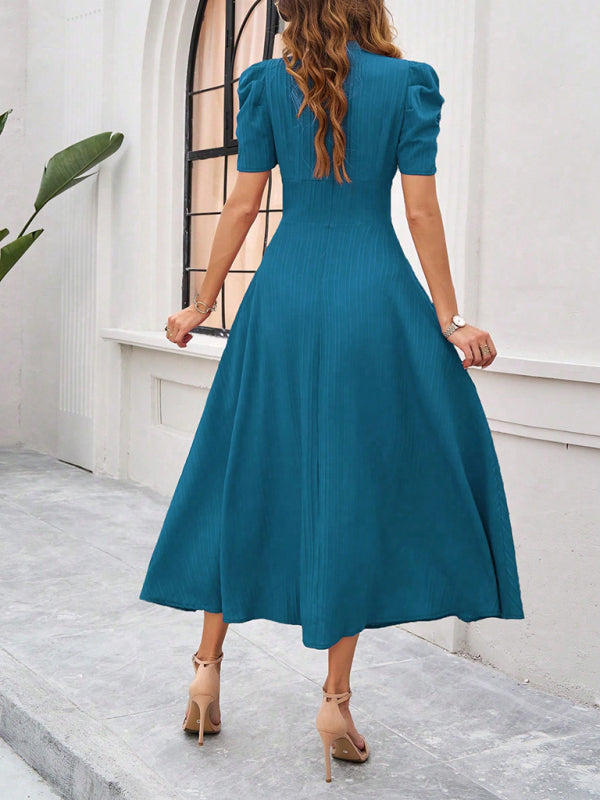 Cecily - Abito midi da donna con scollo a V, maniche a sbuffo e vita arricciata