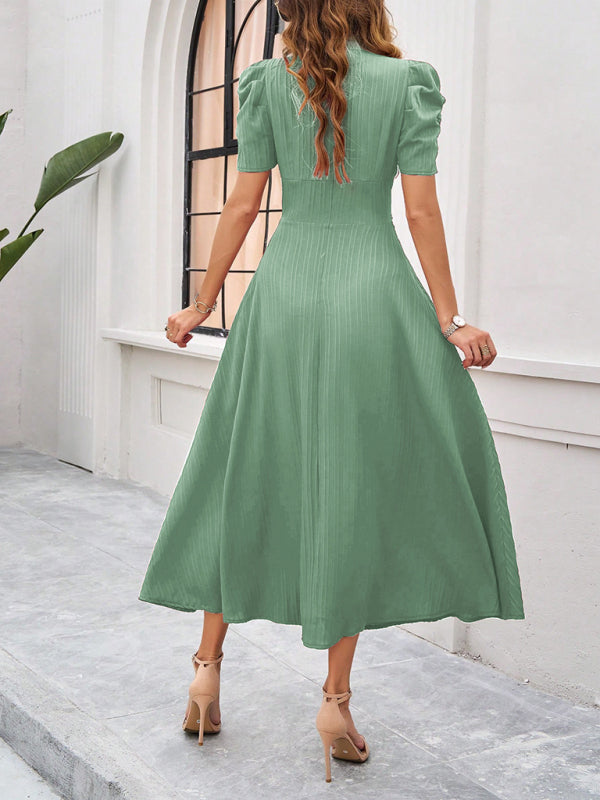 Cecily - Abito midi da donna con scollo a V, maniche a sbuffo e vita arricciata