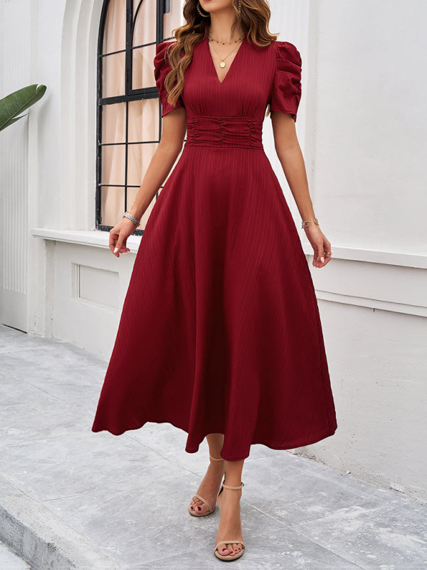 Cecily - Abito midi da donna con scollo a V, maniche a sbuffo e vita arricciata