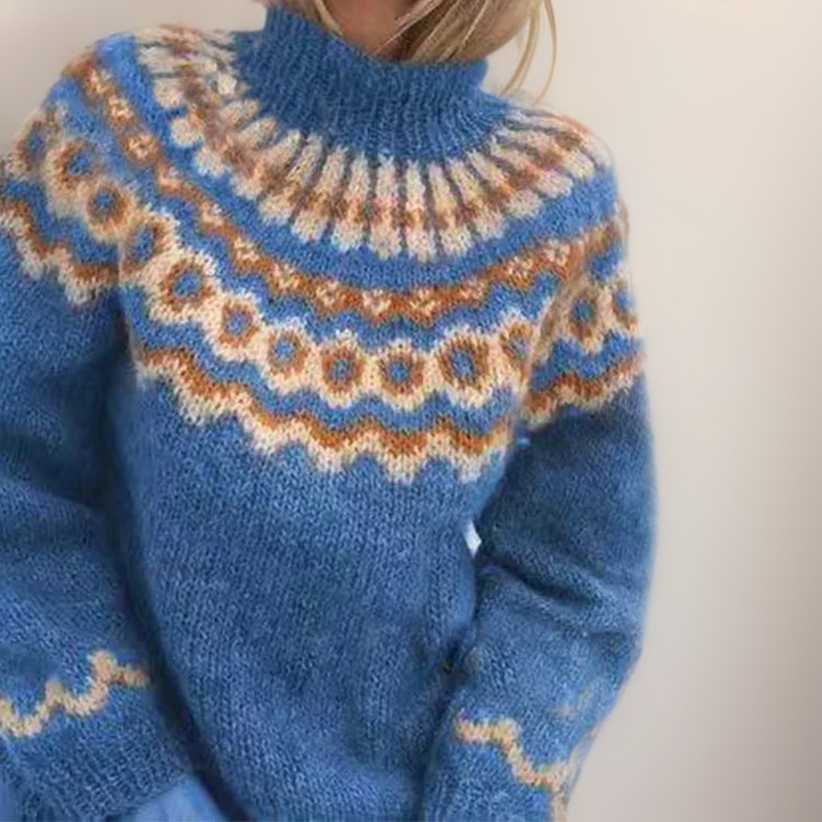 Solveig - Women's Patterned Knit Jumper with Round Yoke