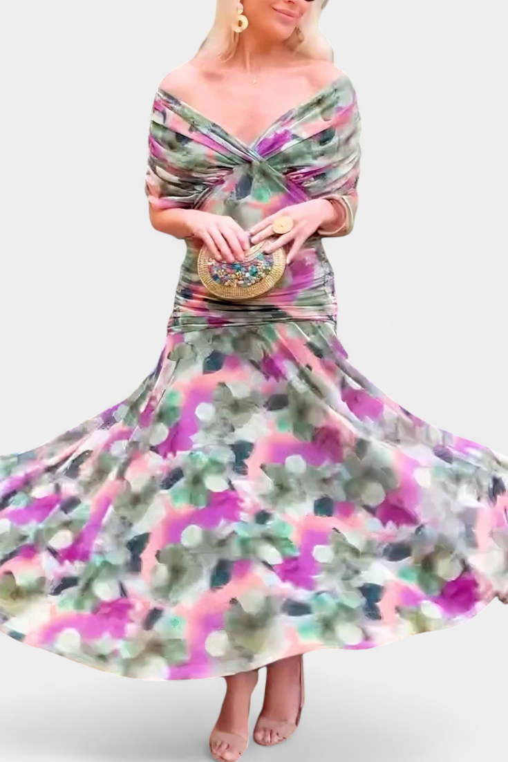 Robe Midi Femme à Épaules Dégagées et Jupe Fluide