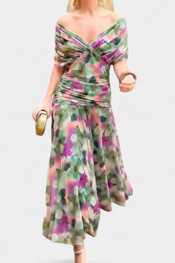 Robe Midi Femme à Épaules Dégagées et Jupe Fluide