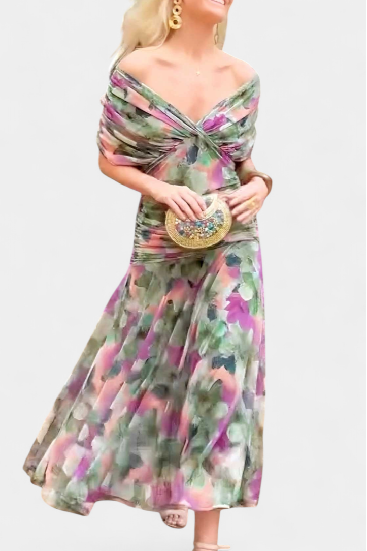 Robe Midi Femme à Épaules Dégagées et Jupe Fluide