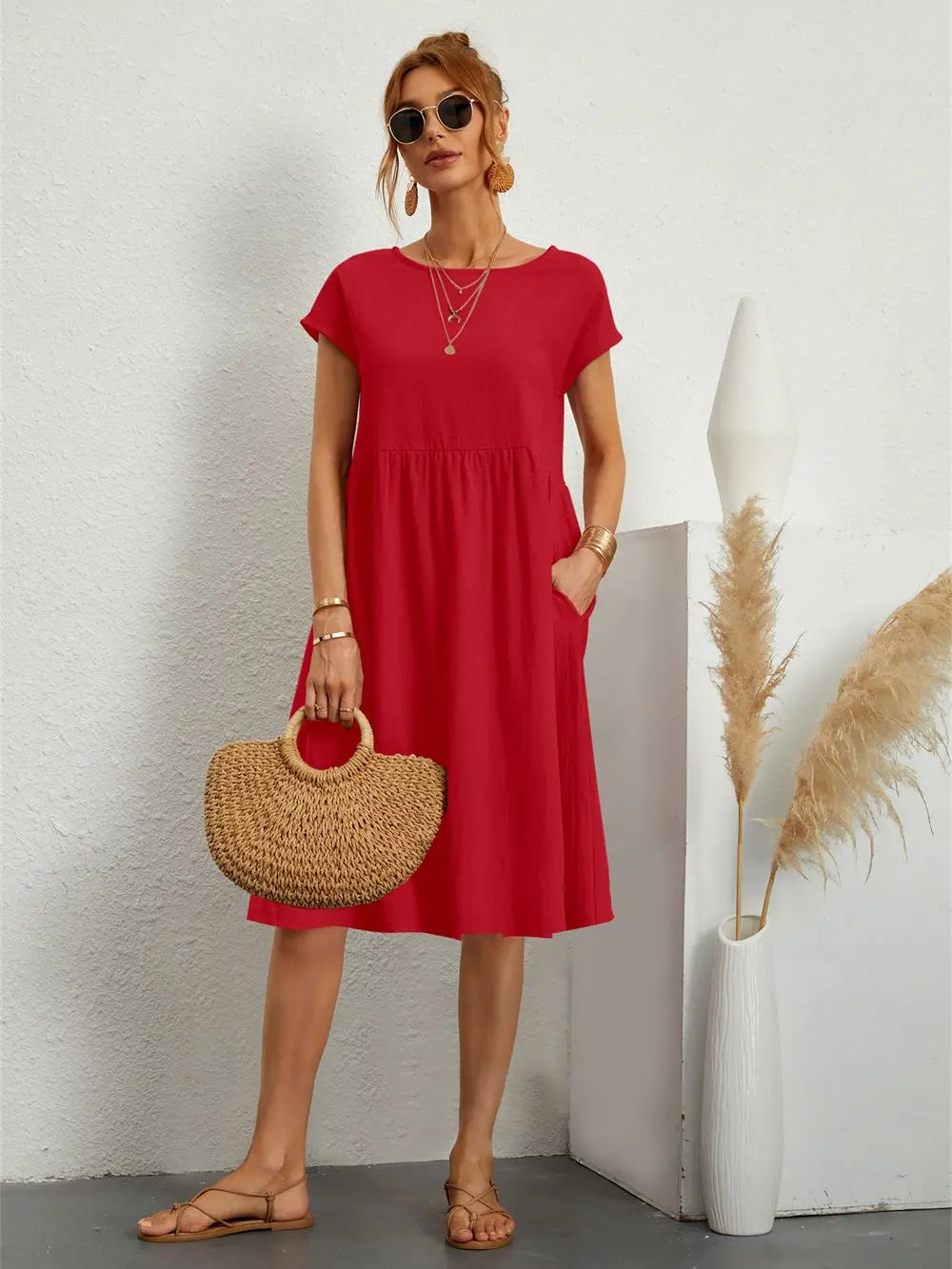 Helen - Women's A-Line Short Sleeve Dress with Pockets - photo 1