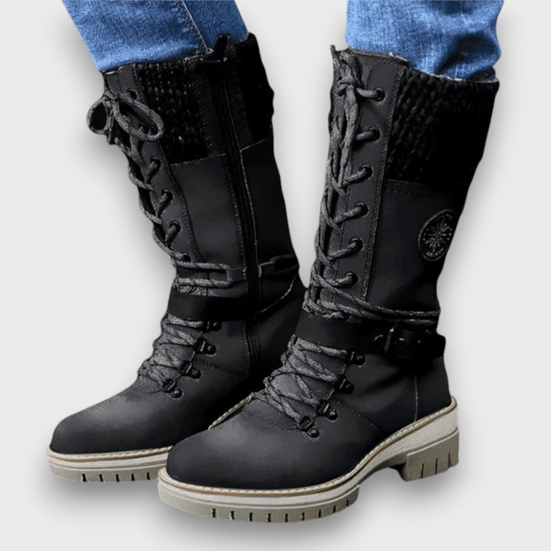 Women's Knee-High Lace-Up Boots with Knitted Cuff
