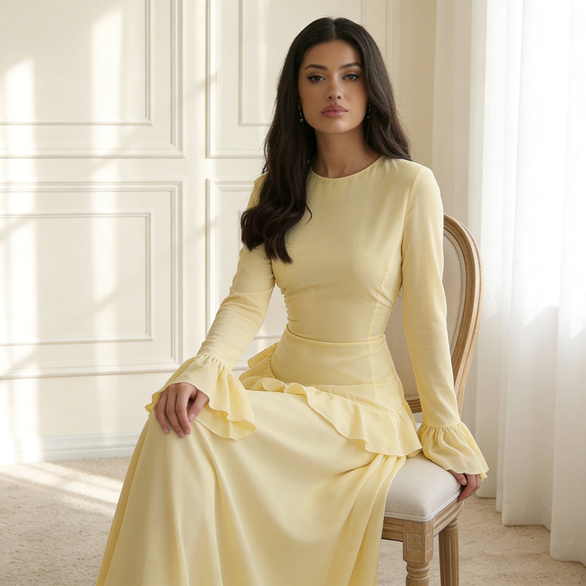 Ines - Dámské maxi šaty s dlouhými rukávy, rozšířenými manžetami a volánem
