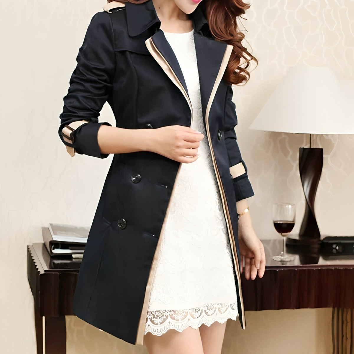 Women's Long Belted Wrap Trench Coat with Buttons - photo 2
