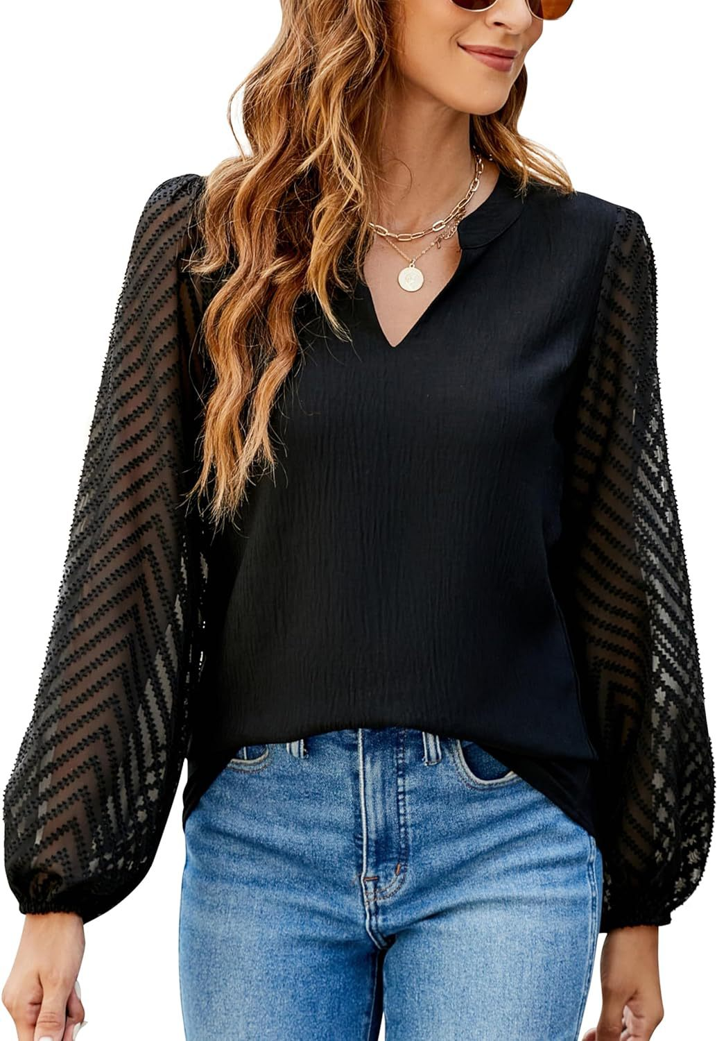 Isobel - Women's Ruched Illusion Sleeve Blouse - Black