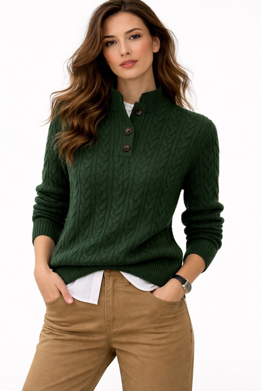 Jaclyn - Women's Cable Knit Wool Blend Jumper with Button Neck - photo 2