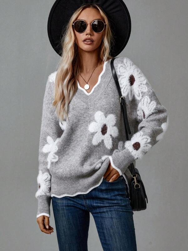 Jennie - Women's Floral V Neck Knit Jumper - photo 3