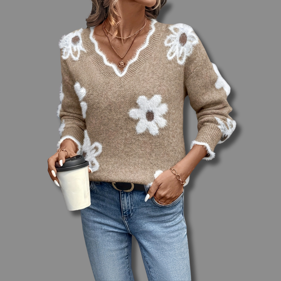 Jennie - Women's Floral V Neck Knit Jumper - photo 4