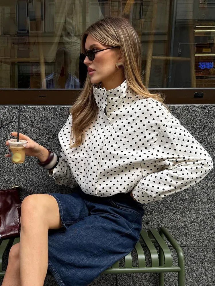Jessalyn - Women's Relaxed Jacket with Polka Dot Print and Ruching - photo 6