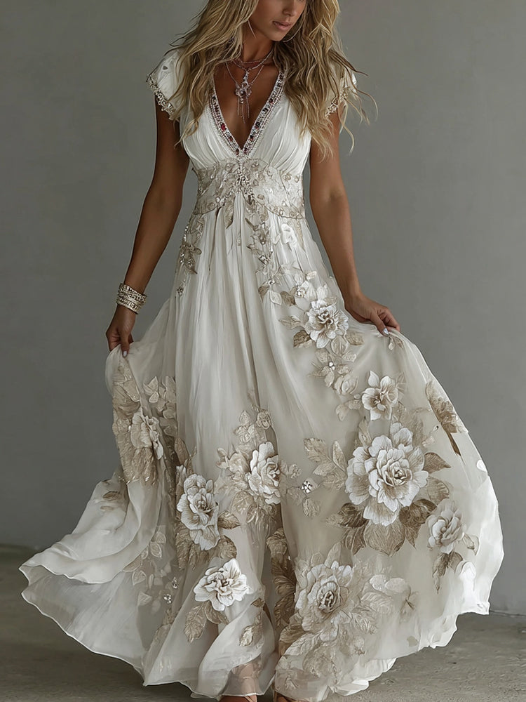 Emilia - Women's Floral Cotton Maxi Dress with Short Sleeves
