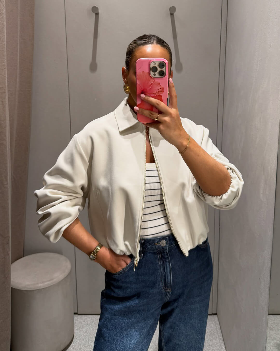 Josephine - Women's Zip-Front Bomber Jacket with Ribbed Cuffs in Cream
