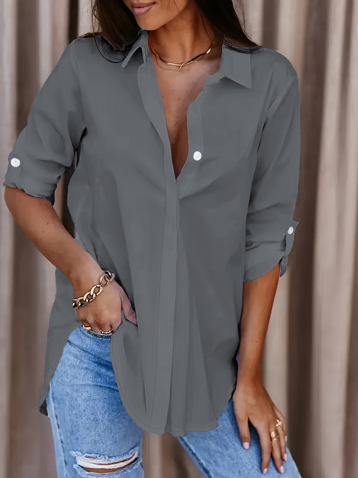 Kaja - Women's Relaxed Shirt Blouse with Button Placket - photo 2