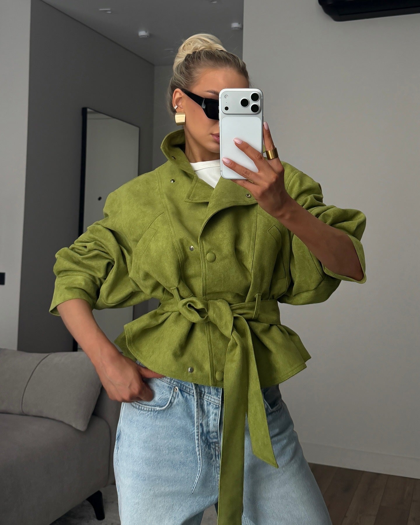 Katriona - Women's Textured Belted Jacket - High Neck Snap Front Long Sleeve - photo 9