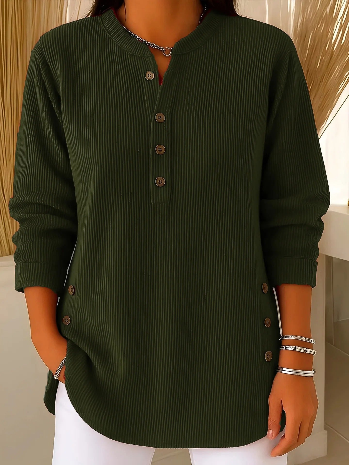 Kirstie - Women's Ribbed Knit Henley Tunic with Side Slits - photo 8