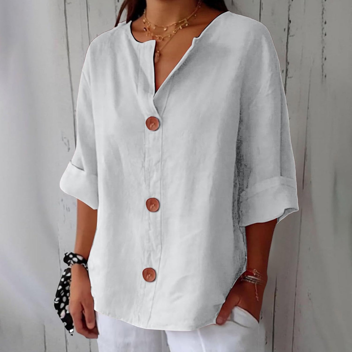 Laetitia - Women's Relaxed Blouse with Button Front and V-Neck - photo 6